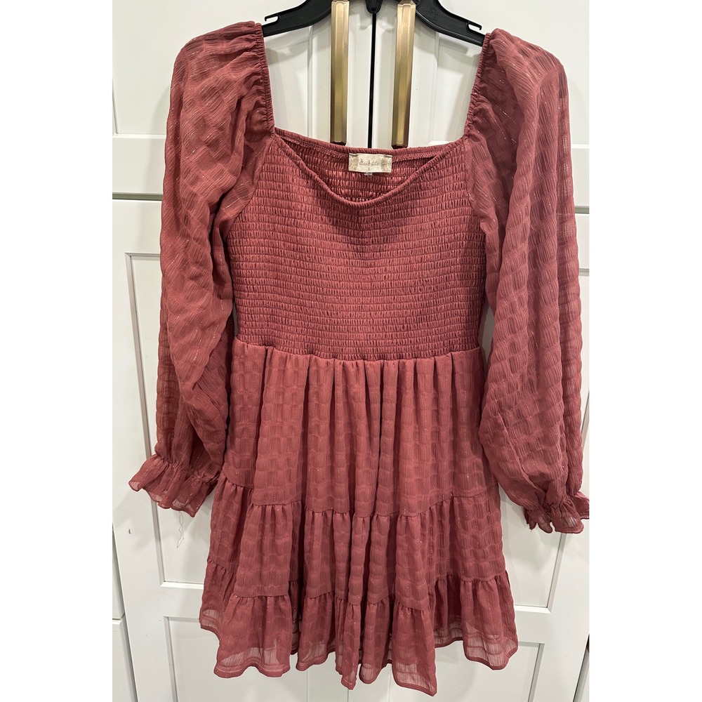 Altar'd State Womens Smocked Tiered Mini Dress Rose Pink Metallic Shimmer‎ Small